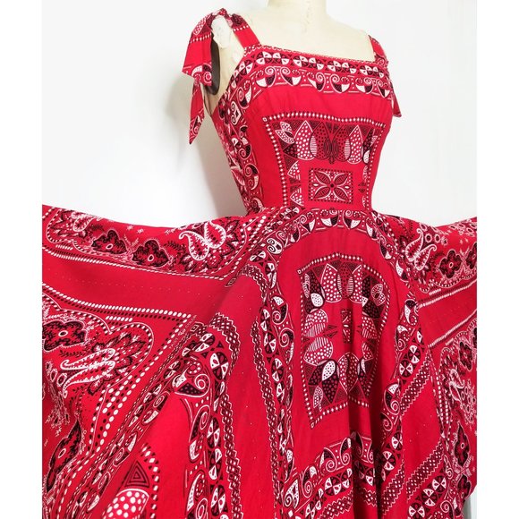 1940s / 1950s RARE TRUE Vintage Novelty Bandana Print Cotton Dress RED Elephant - Picture 2 of 8